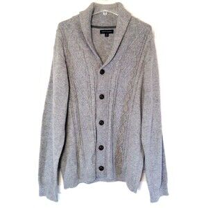 Cardigan Sweater Men 2XL Gray Cable Knit Fisherman Shawl Chunky Preppy Grandpa
